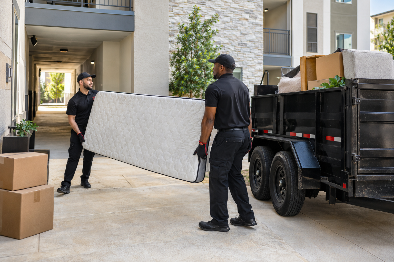 A professional crew removing move-out items from an apartment property