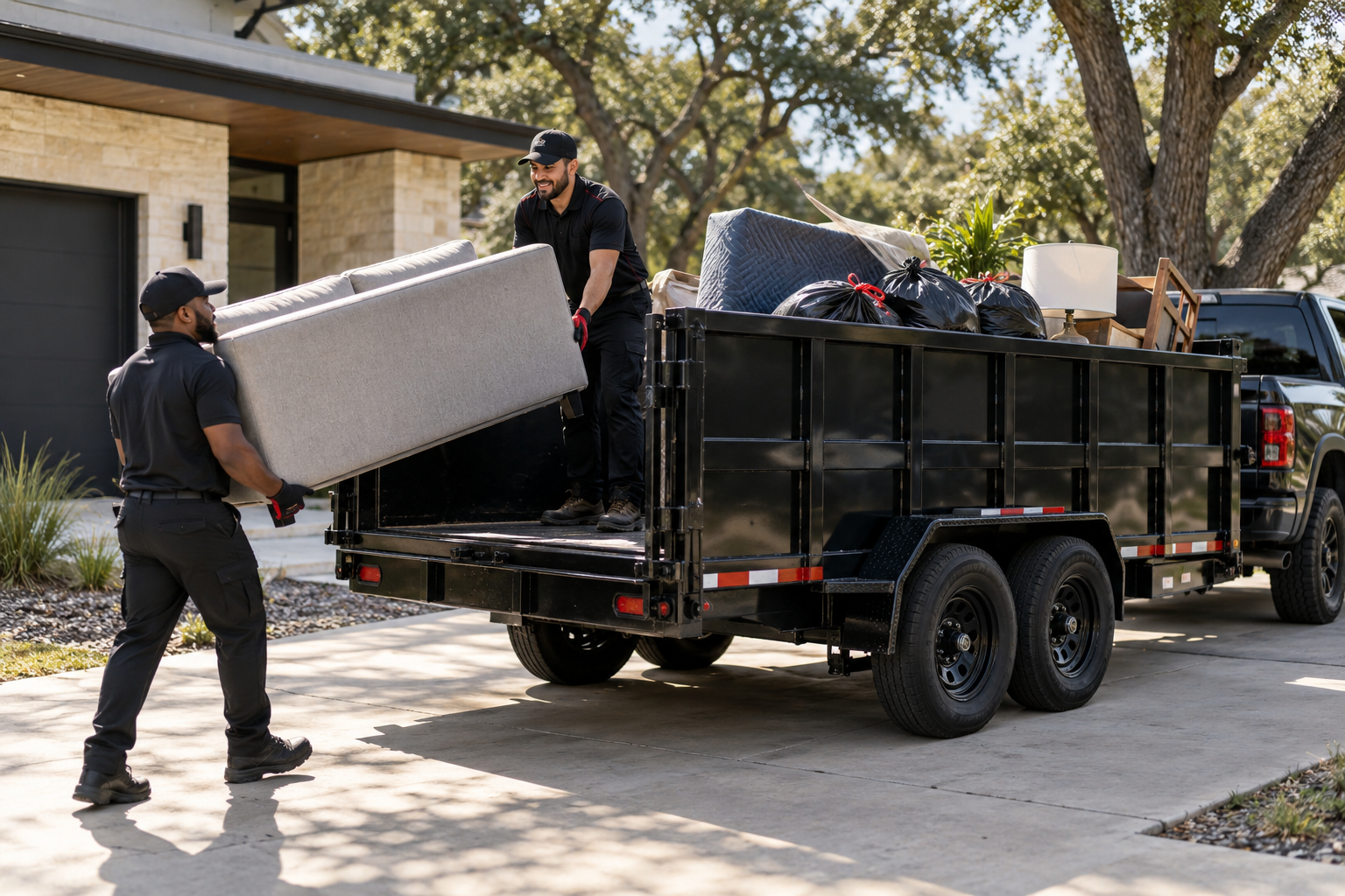 A professional crew loading household items into a black dump trailer